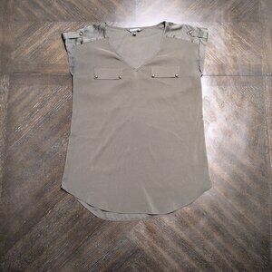 Express Olive Green Silky V-Neck Blouse – Size M, Versatile & Chic